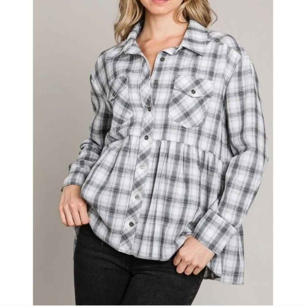 HEYSON Black White Plaid Longsleeve Button Front Babydoll Top 1X